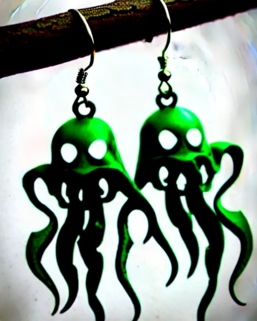 Image similar to tim burton cthulhu, 2 d lasercut earrings,