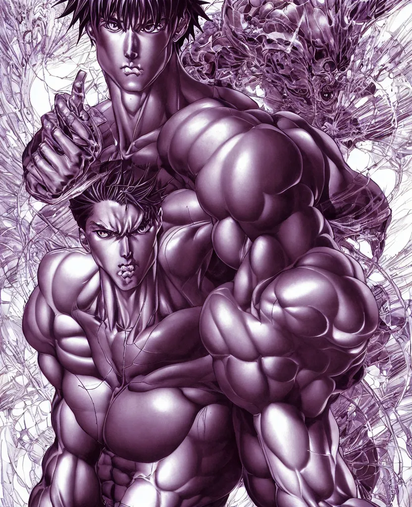 Image similar to symmetrical. realistic detailed image of muscular body, realistic detailed male character, kaworu nagisa, depth perception, masterpiece, depth of field, action horror, gothic, vivid colors. art by yoshitaka amano, by yukito kishiro, by yoshiyuki sadamoto, by artgerm, by hajime sorayama