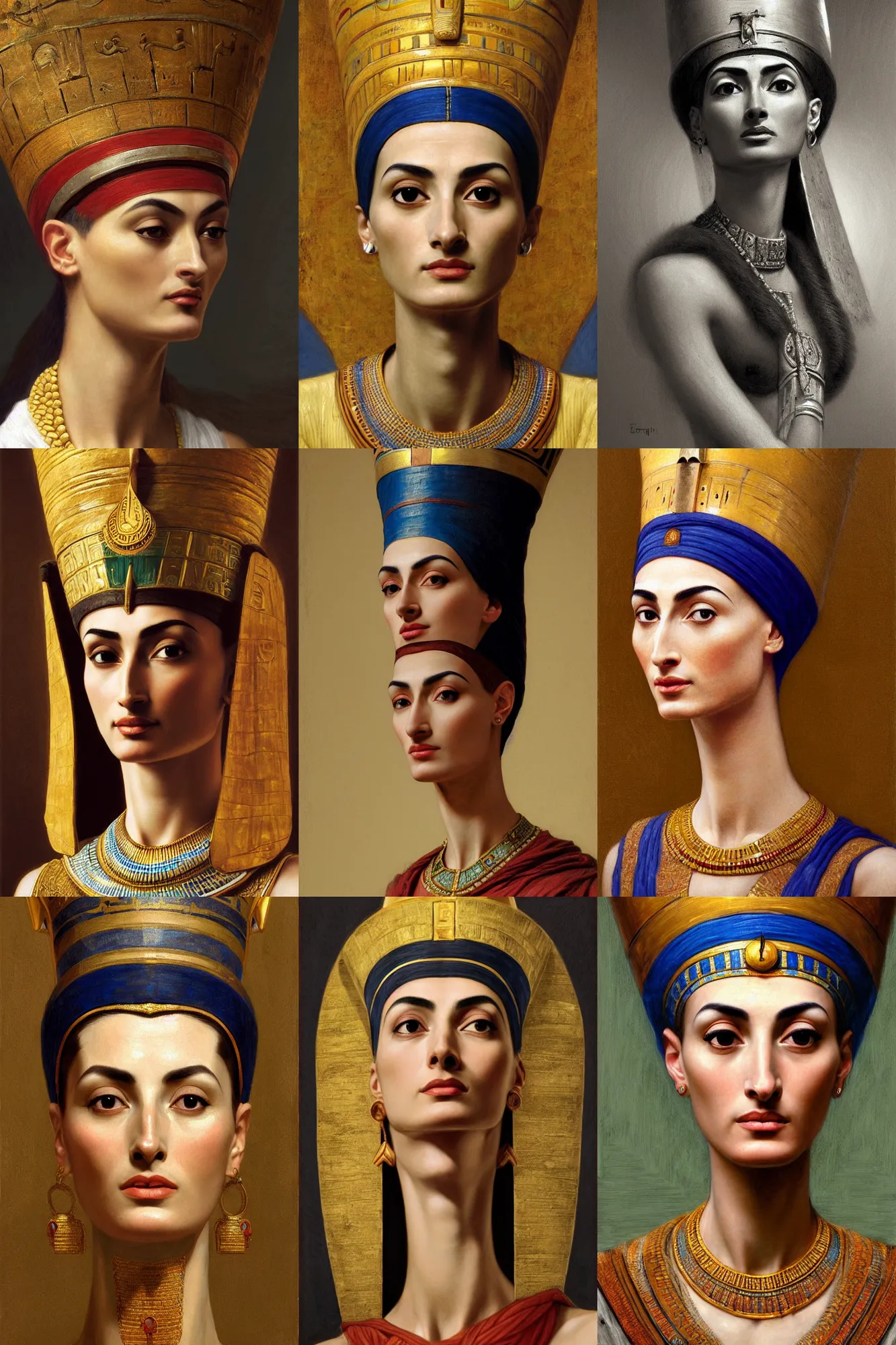 Prompt: queen nefertiti portrait close-up, highly detailed, digital painting, artstation, concept art, sharp focus, illustration, orientalism, edwin long, bouguereau