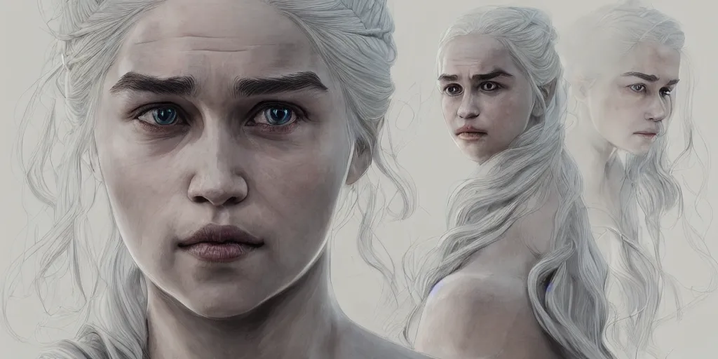 Image similar to daenerys targaryen, face study, character sheet, concept design, contrast, kim jung gi, greg rutkowski, zabrocki, karlkka, jayison devadas, trending on artstation, 8 k, ultra wide angle, pincushion lens effect