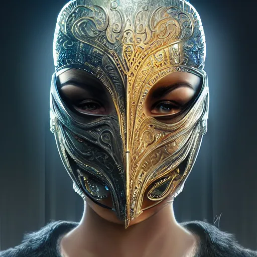 Image similar to Very very very very highly detailed epic photo of face with venetian mask, intricate, dystopian, sci-fi, extremely detailed, digital painting, artstation, concept art, smooth, sharp focus, illustration, intimidating lighting, incredible art by Artgerm and Vincent di Fate