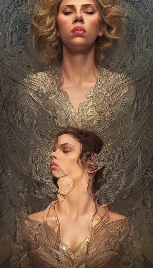 Prompt: scarcity, fibonacci, sweat drops, insane, scarlett johansson, intricate, highly detailed, digital painting, artstation, concept art, smooth, sharp focus, illustration, Unreal Engine 5, 8K, art by artgerm and greg rutkowski and alphonse mucha