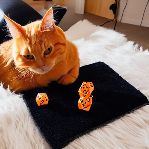 Prompt: Adorable orange tabby cat, the cat is wearing black gaming headphones, lying on a fuzzy blanket, polyhedral dice are next to the cat, in a sunbeam, Pixar, cozy, golden hour