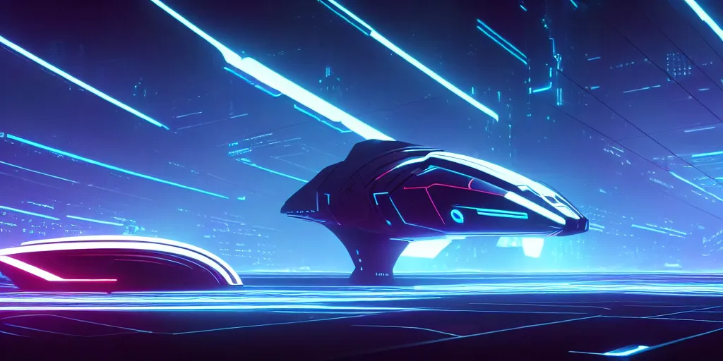 Prompt: a wide angle view of a technopunk spaceship in the style of tron legacy, hyperrealism, concept art, ominous, darksynth, illuminated lines, outrun, vaporware, misty, by ridley scott and denis villeneuve, dramatic lighting, 8 k