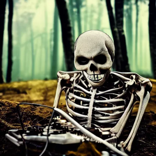 Prompt: portrait photo of a skeleton packed with electronics and mechanical components. In the forest with bokeh