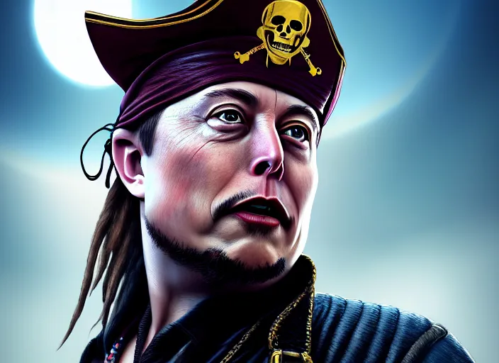 Prompt: highly detailed portrait of Elon Musk as a dread pirate captain, proudly posing at the helm of his frigate wearing a pirate hat, artstation, cinematic lighting, hyperdetailed, cgsociety, 8k, high resolution, insanely detailed and intricate