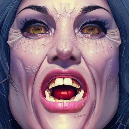 Image similar to wide open wife mouth, close - up, cry, cruelty, defiant, pin - up, full lips, symmetrical teeth, light effect, hyper detailed, intricate, elegant, highly detailed, digital painting, artstation, concept art, matte, sharp focus, illustration, by dan mumford, yusuke murata, makoto shinkai, ross tran