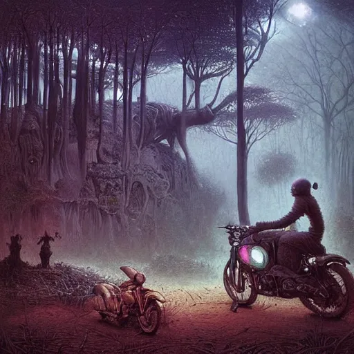 Prompt: a hyperrealistic painting of a futuristic motorcycle in the middle of an alien jungle, bioluminescent plants, by john kenn mortensen and zdzislaw beksinski, highly detailed, vivid color,