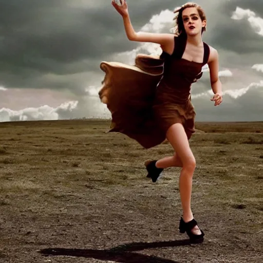 Image similar to Emma Watson flying in the clouds