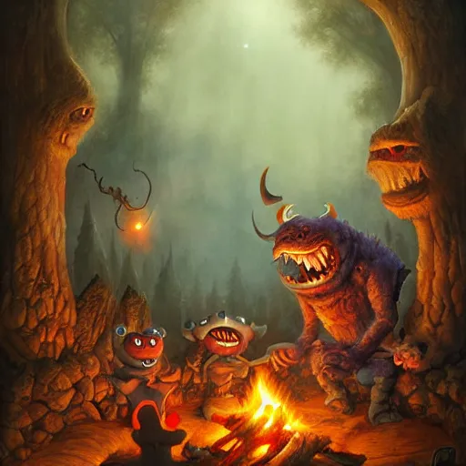 Image similar to monsters around a campfire by justin gerard, deviantart