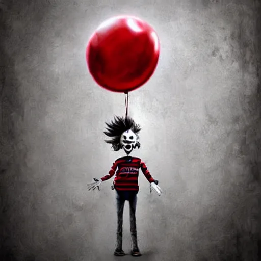 Image similar to surrealism grunge cartoon portrait sketch of a cold hand with a wide smile and a red balloon by - michal karcz, loony toons style, pennywise style, chucky style, horror theme, detailed, elegant, intricate