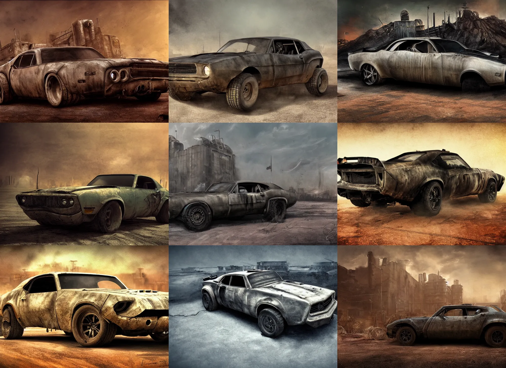 Prompt: mad max style detailed dystopian muscle car, dystopian background, soft focus matte painting