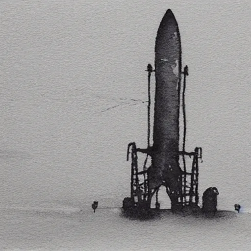 Prompt: monochrome watercolor picture of a rocket landing