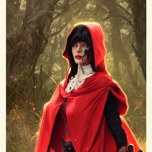 Image similar to Beautiful Portrait of Little Red Riding Hood with a black panther, intricate, wild, highly detailed, digital painting, artstation, concept art, smooth, sharp focus, illustration, art by artgerm and greg rutkowski and alphonse mucha, footage from space camera