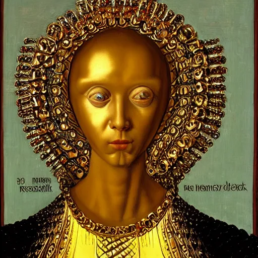 Image similar to a portrait of a shiny metallic renaissance robot, in the style of Jan van Eyck,
