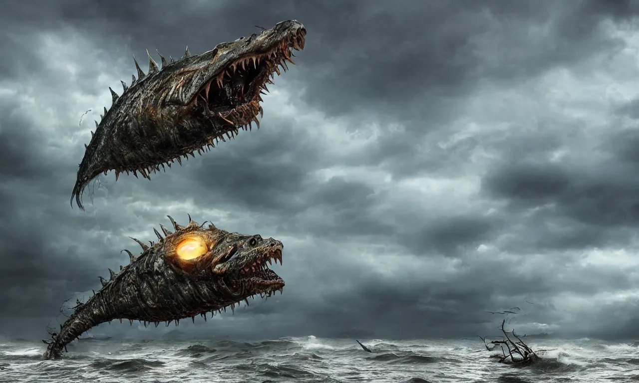 Prompt: a gigantic ultra-detailed scary monster that looks like an angler-fish with extremities like crocodile ,wet and slimy with a very large mouth, is coming out of the sea on a beach, there are people fleeing in terror, photo-realistic, stormy sky, photo by national geographic