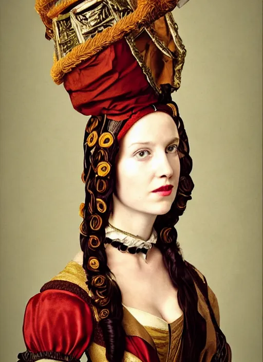 Image similar to portrait of young woman in renaissance dress and renaissance headdress, style by the fifth element