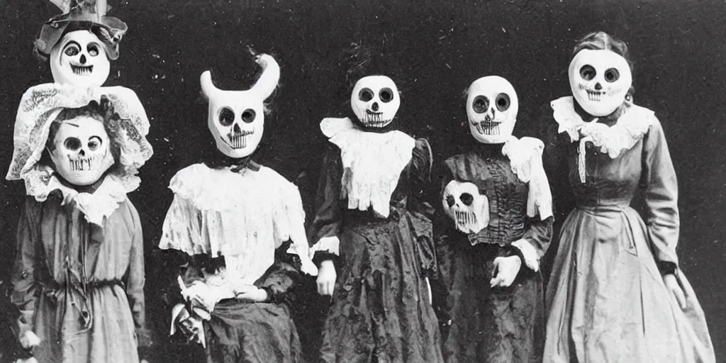 Image similar to victorians wearing vintage scary halloween mask, 1 9 0 0 s picture