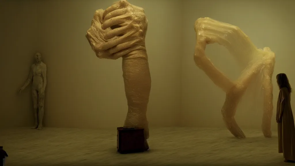 Prompt: a giant hand made of wax and water floats through the living room, film still from the movie directed by Denis Villeneuve with art direction by Zdzisław Beksiński, wide lens