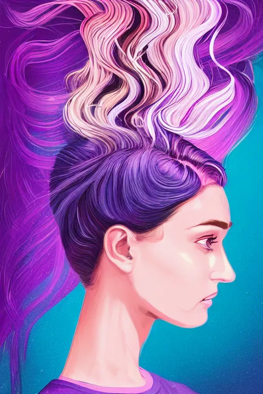 Prompt: a award winning half body portrait of a beautiful woman in a winter sweater with ombre purple pink blue hairstyle with head in motion and hair flying by sandra chevrier, outrun, vaporware, illustration, digital art, trending on artstation, highly detailed, fine detail, intricate
