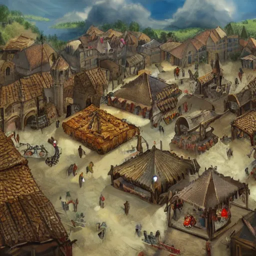 Prompt: a bustling medieval marketplace, realistic, fantasy, top - down perspective,