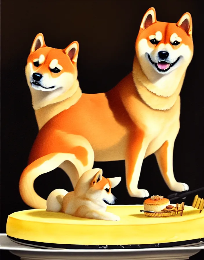 Prompt: a royal portrait of a shiba inu as a japanese cheesecake, oil on canvas, highly detailed, cinematic lighting, pretty