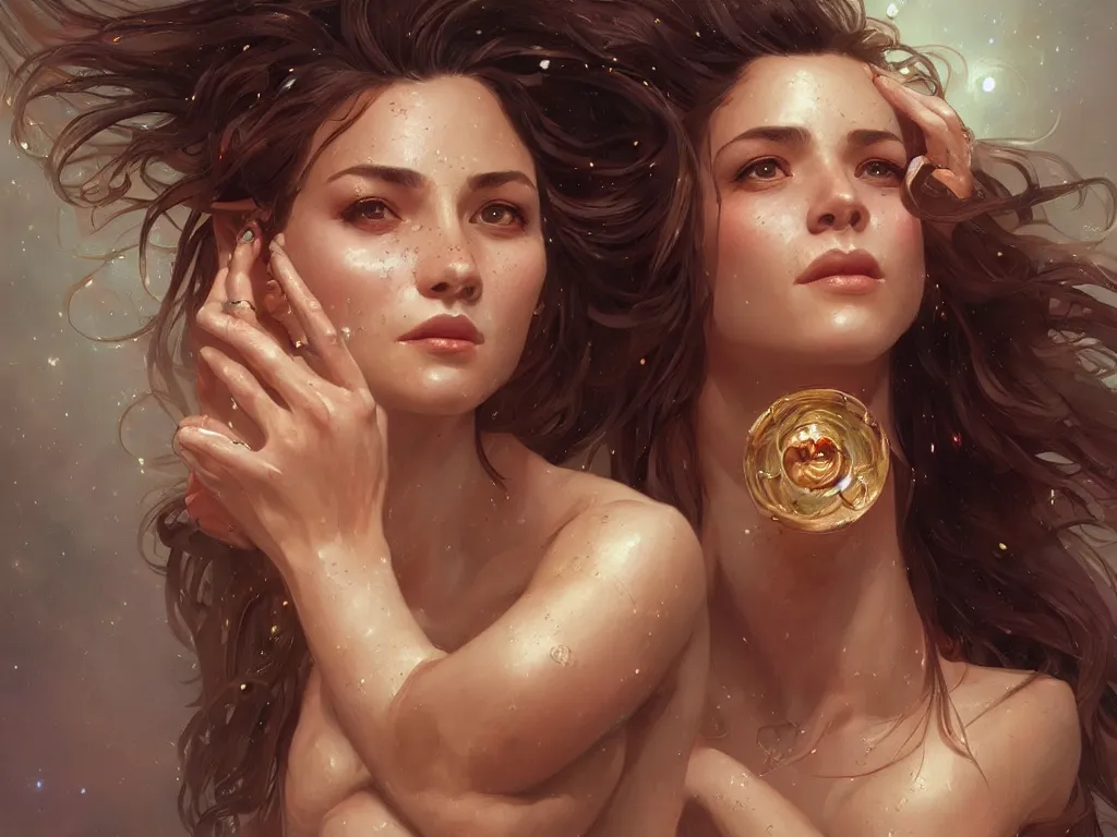 Prompt: epic portrait an star goddess smiling, beauty, sweaty skin, glossy lips, intricate, full frontal shot, highly detailed, digital painting, artstation, concept art, sharp focus, illustration, art by artgerm and greg rutkowski and alphonse mucha