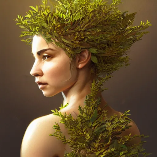 Image similar to emilia clark as a dryad, her skin are yellow leaves portrait, highly detailed, headshot, digital painting, trending on artstation, concept art, sharp focus, illustration, art by artgerm and greg rutkowski and magali villeneuve