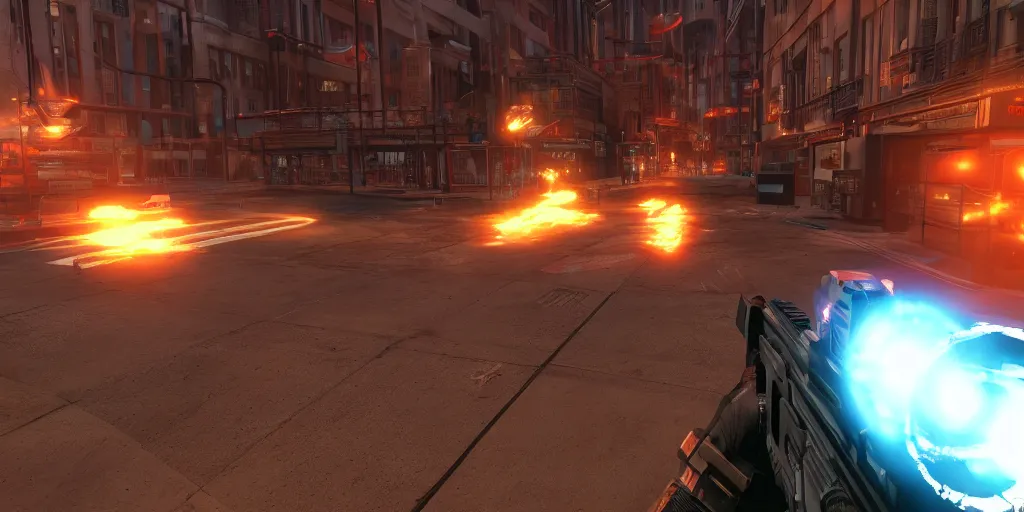Image similar to screenshot of duke nukem 3 d, dos, videogame, neon glow, lens flare, 8 k, unreal engine