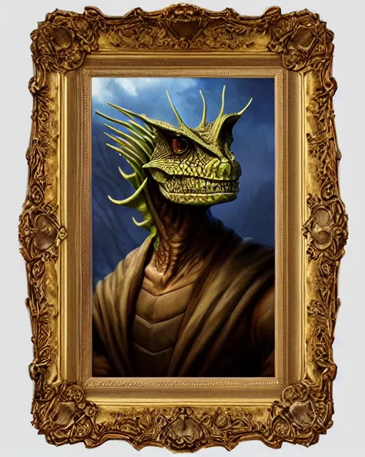 Prompt: handsome lizardman, peasant garb. noble bearing. a carved living sculpture ornate symmetry matte portrait, artgerm, rhads watercolor, serenity