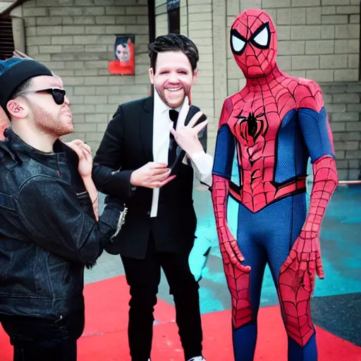 Prompt: the member of fall out boy meeting Spider-Man