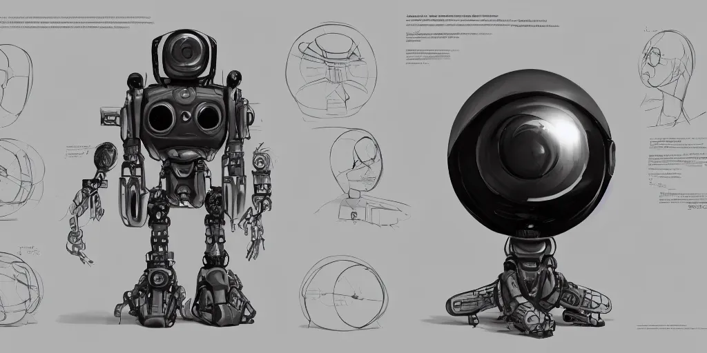 Image similar to future robot, oval, spherical, character sheet, concept design, contrast, kim jung gi, greg rutkowski, zabrocki, karlkka, jayison devadas, trending on artstation, 8 k, ultra wide angle, pincushion lens effect