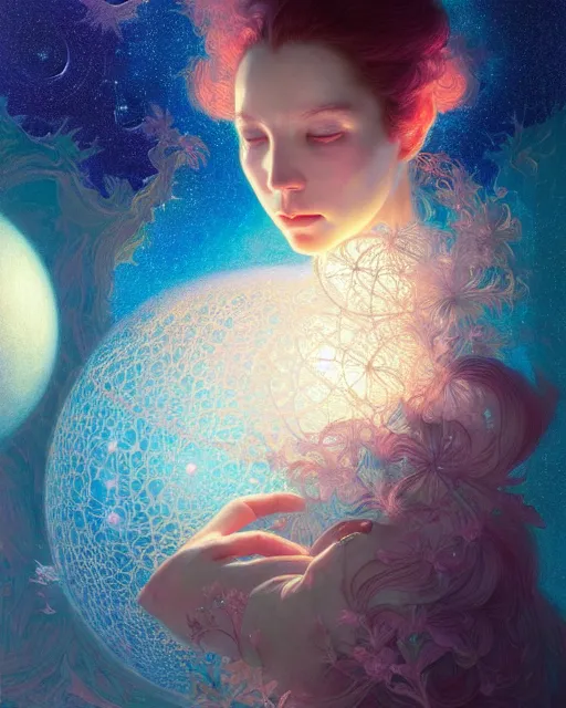 Prompt: harmony of the spheres, fractal crystal, beauty portrait by wlop, james jean, victo ngai, beautifully lit, muted colors, highly detailed, fantasy art by craig mullins, thomas kinkade