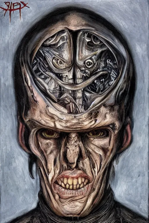 Image similar to portrait of streamer jerma 9 8 5!!, jeremy elbertson, painting by h. r. giger, lovecraftian horror, strands of being, metal album cover, high detail, sharp, sus guy, human figure, permanent bond between metal and man, still image of twitch stream, facecam