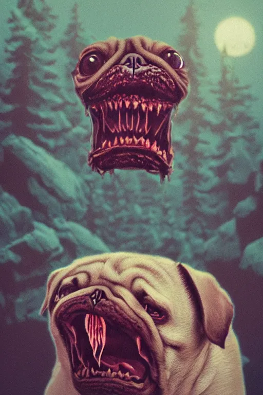 Prompt: demon pug eating flesh. art by mike winkelmann, sticker, illustration, highly detailed,