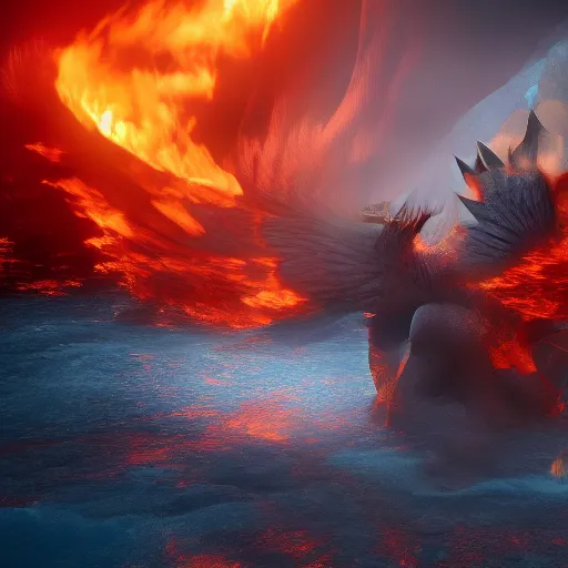 Image similar to female and dragon merging into one, surrounded by fire, water, and ice, cineamic, Unreal Engine, 8K,