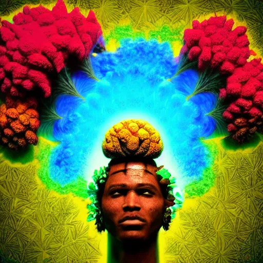 Image similar to an african marijuanna! shaman with an afro made of flowers, third eye art art by machina infinitum, complexity from simplicity, rendered in octane, mandelbulb 3 d, ambient occlusion, macro photography, felt!!! texture, tribal, neon! retrowave
