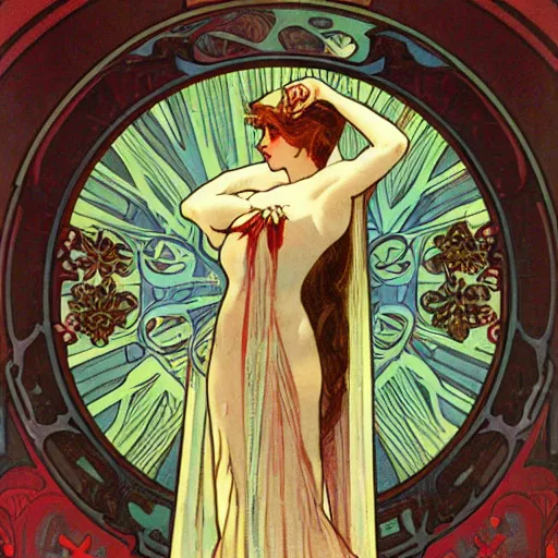 Prompt: Illustration by Alphonse Mucha of a female vampire