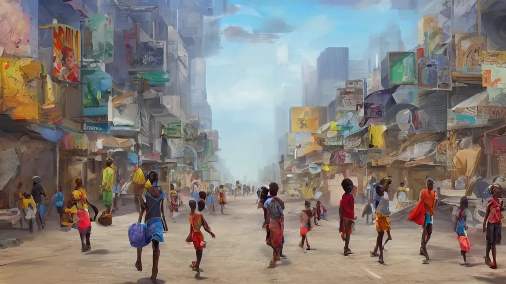 Image similar to street in a big african city, kids playing, summer, david febland, artstation, matte painting