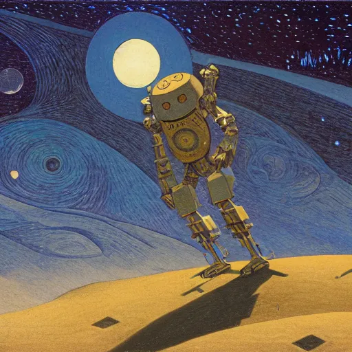 Prompt: illustration of the man in the moon as a robot, by nicholas roerich and donato giancola and dulac, sharp focus, very detailed, starry sky, geometric ornament, dramatic lighting