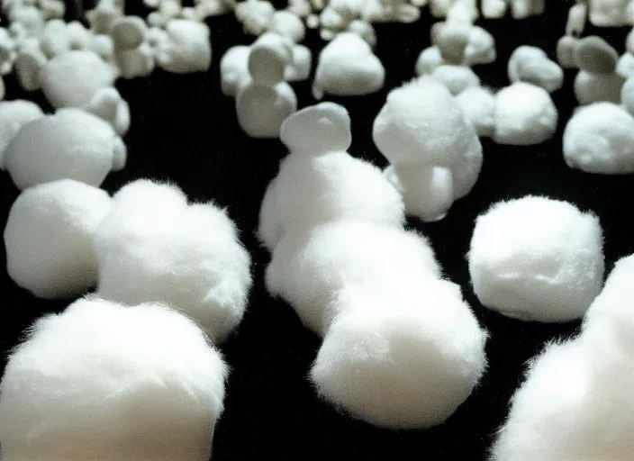 Prompt: realistic photo of the cotton balls of white cotton, furry and hairy museum displays are shiny 1 9 9 0, life magazine reportage photo