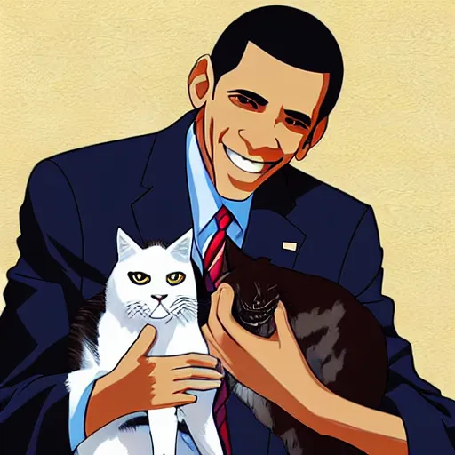 Image similar to “anime key visual of Obama petting a cat, pixiv”