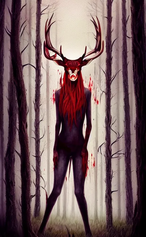 Image similar to surrounded by trees, realistic character concept, gorgeous Kacey Rohl, red hair, small freckles, Wendigo creature antlers deer skull face, symmetrical face, symmetrical eyes, full body, covered in blood, dark forest, trees, shorter neck, cinematic lighting, Joshua Middleton and artgerm, fear anxiety terror