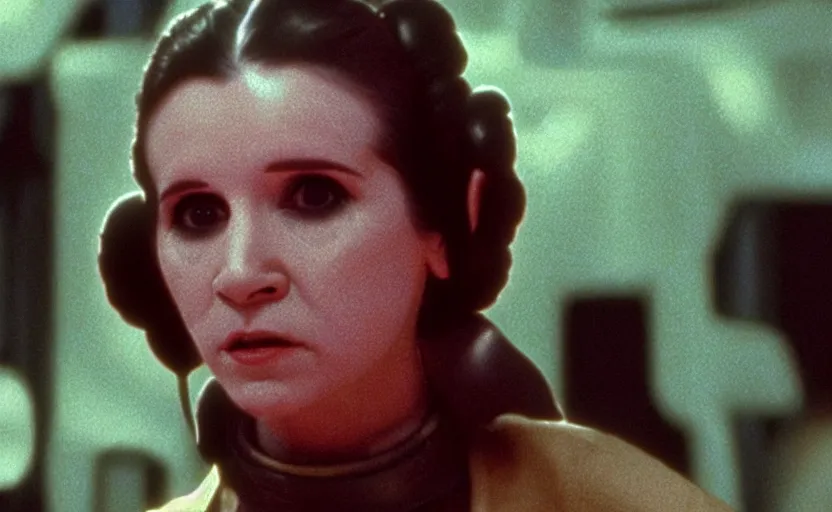 Image similar to screenshot of Princess Leia by herself, training to use a yellow lightsaber at a new desolute Jedi Temple, iconic scene from The Force Awakens the 1970s film directed by Stanley Kubrick, stunning cinematography, hyper-detailed, crisp, sharp, anamorphic lenses, kodak color film stock, 4k