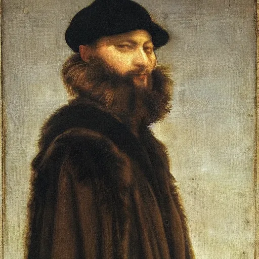 Prompt: an oil paining by Titian of a man wearing a red hat, and a dark cloak with a fur collar. He is looking to the side, and his expression is serious. The background is a blur, and the colors are muted.