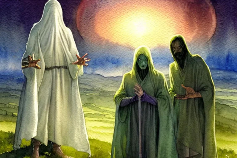 Image similar to a realistic and atmospheric watercolour fantasy character concept art portrait of a three christians wearing robes greeting an alien. they are emerging from the mist on the moors of ireland at night. a ufo is in the background. by rebecca guay, michael kaluta, charles vess and jean moebius giraud