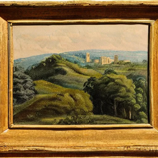 Image similar to a very detailed painting of a hill, ancient rome stands behind it in the distance, thick brush strokes, visible layers of paint.