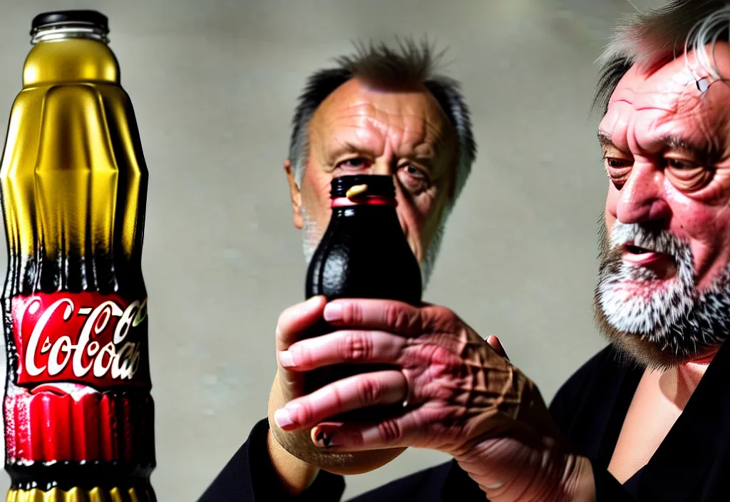 Image similar to hdr photo of slavoj zizec discussing how a coca - cola bottle is ideology, hd, sharp focus, dramatic lighting, sniffing his finger, cinematic composition