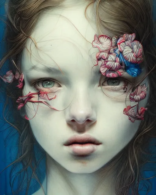 Image similar to beautiful portrait by james jean, masterpiece, very detailed, realistic eyes, vivid, aesthetic