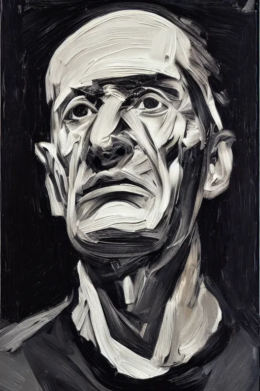 Prompt: a portrait a very ordinary person, by Pierre Soulages, impasto oil paint, black monochrome, anatomically correct, beautiful perfect face, sharp focus, Highly Detailed, heavy brushstrokes
